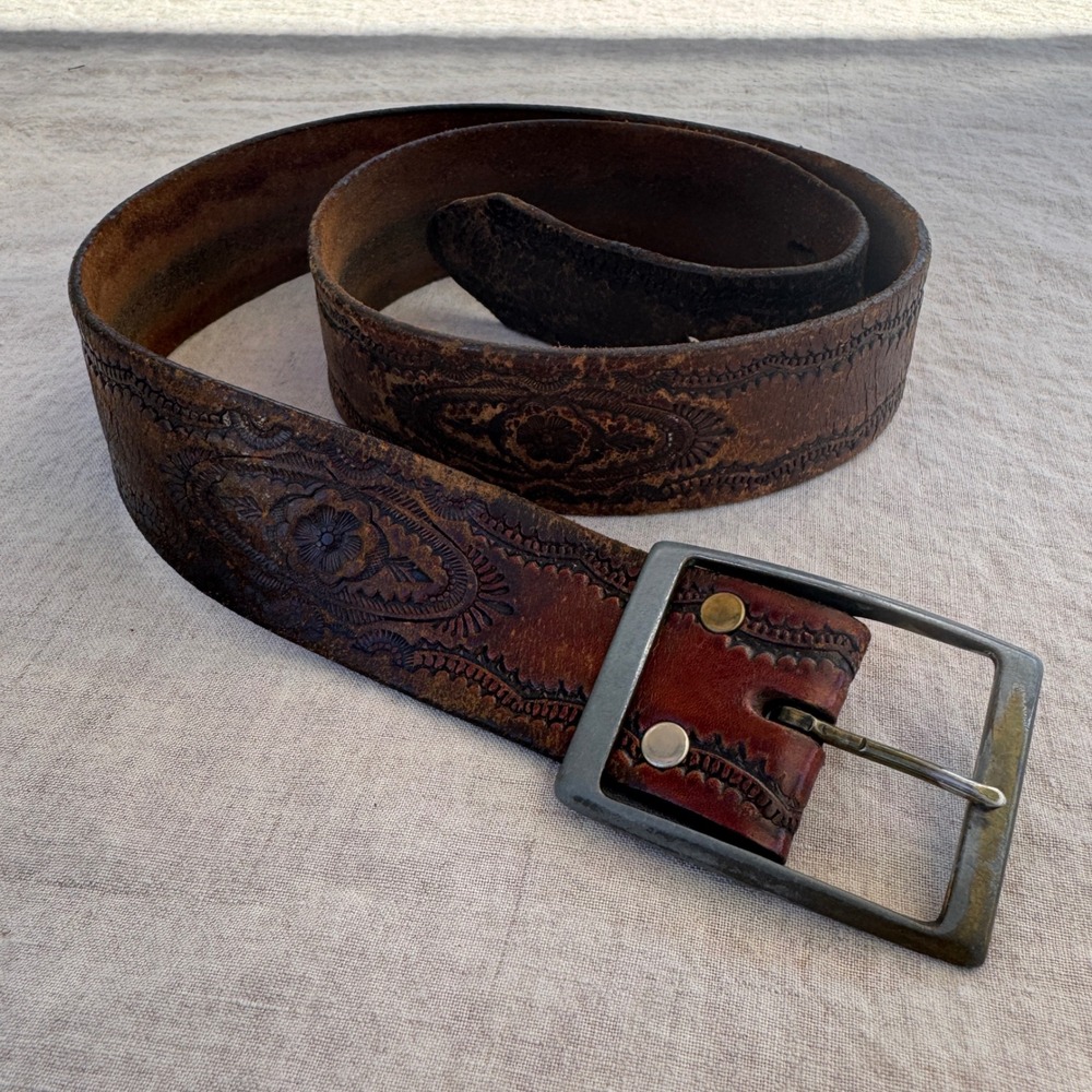 Vintage Tooled Leather Belt 32 Brown Floral Western Cowboy Boho Mens Distressed
